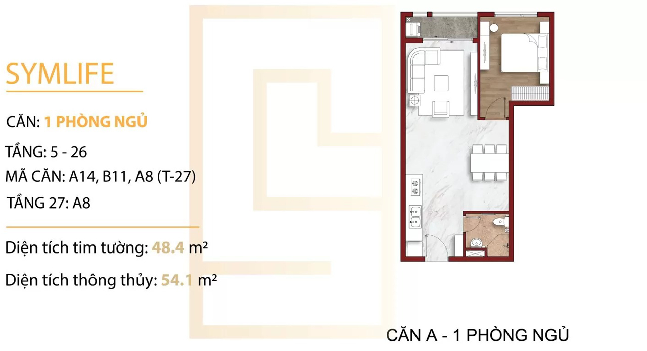 Mặt bằng căn hộ Symlife 1 phòng ngủ